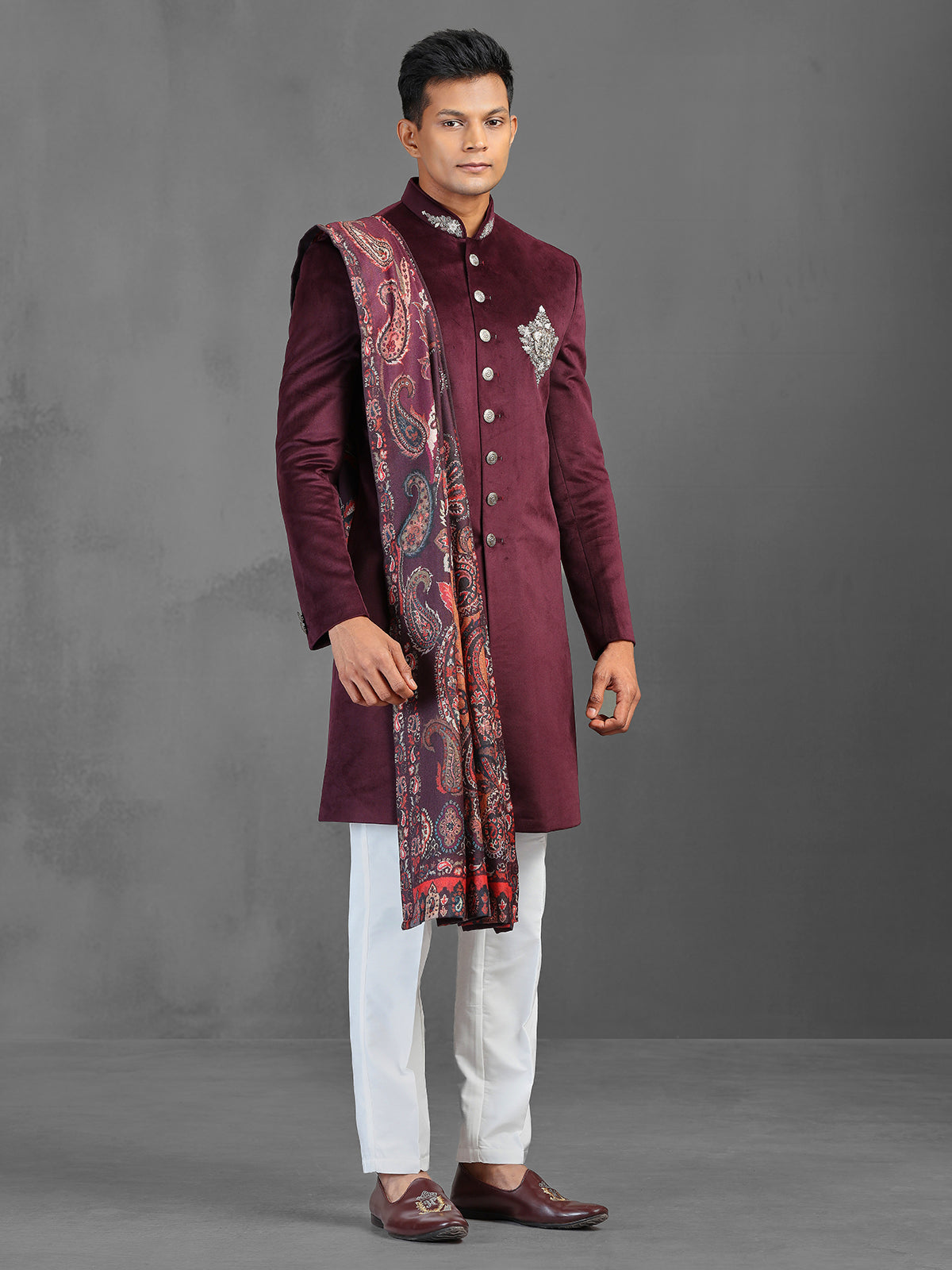 Wine wedding wear indowestern suit with dupatta