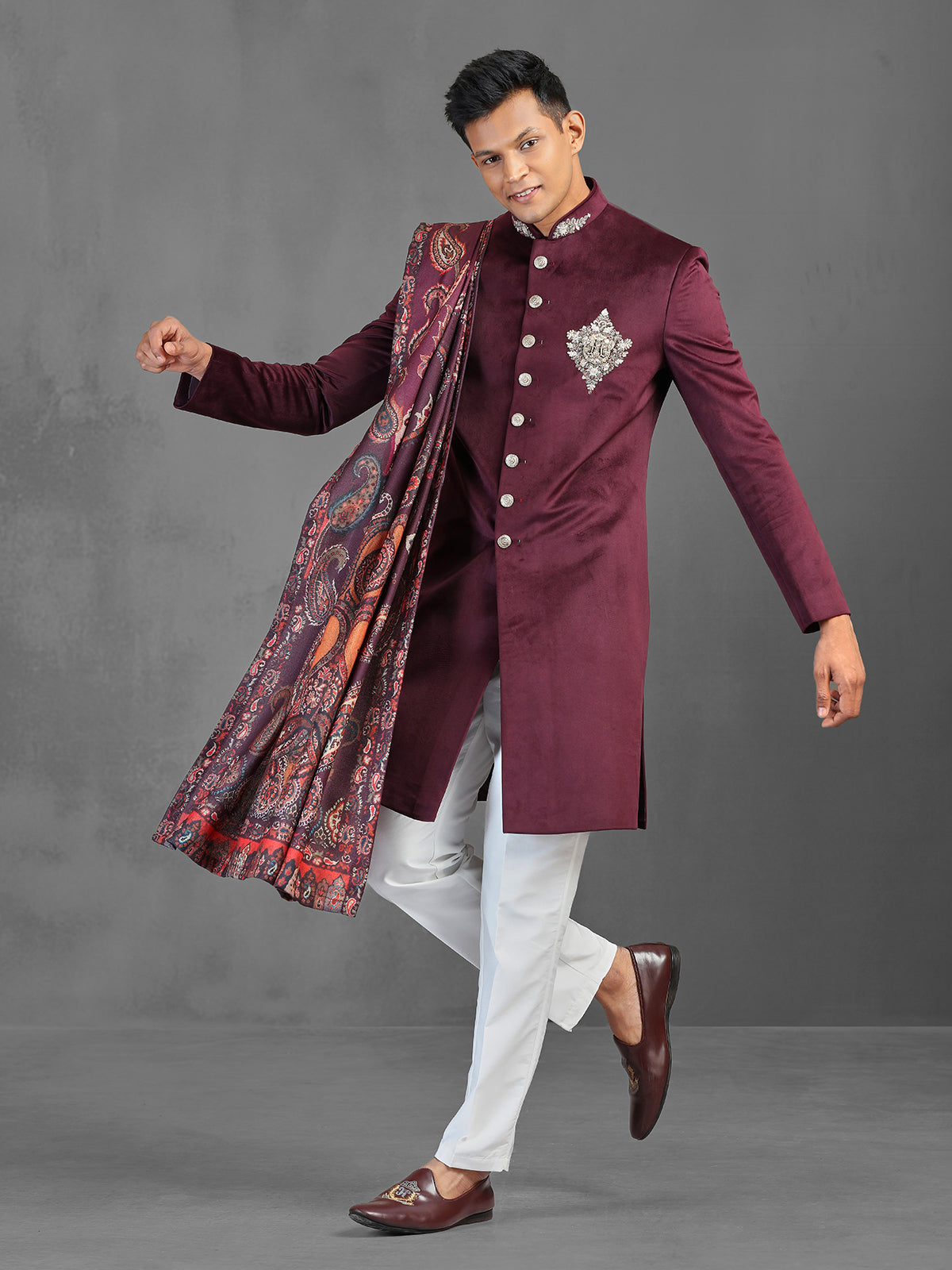Wine wedding wear indowestern suit with dupatta