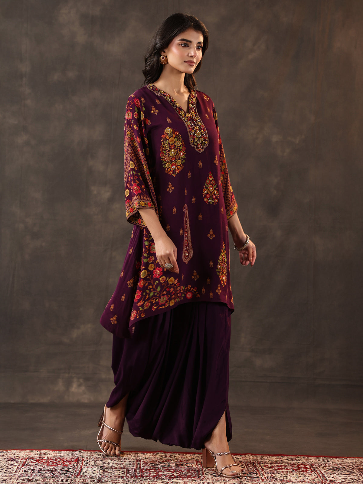 Purple crepe silk zardosi designer dhoti suit