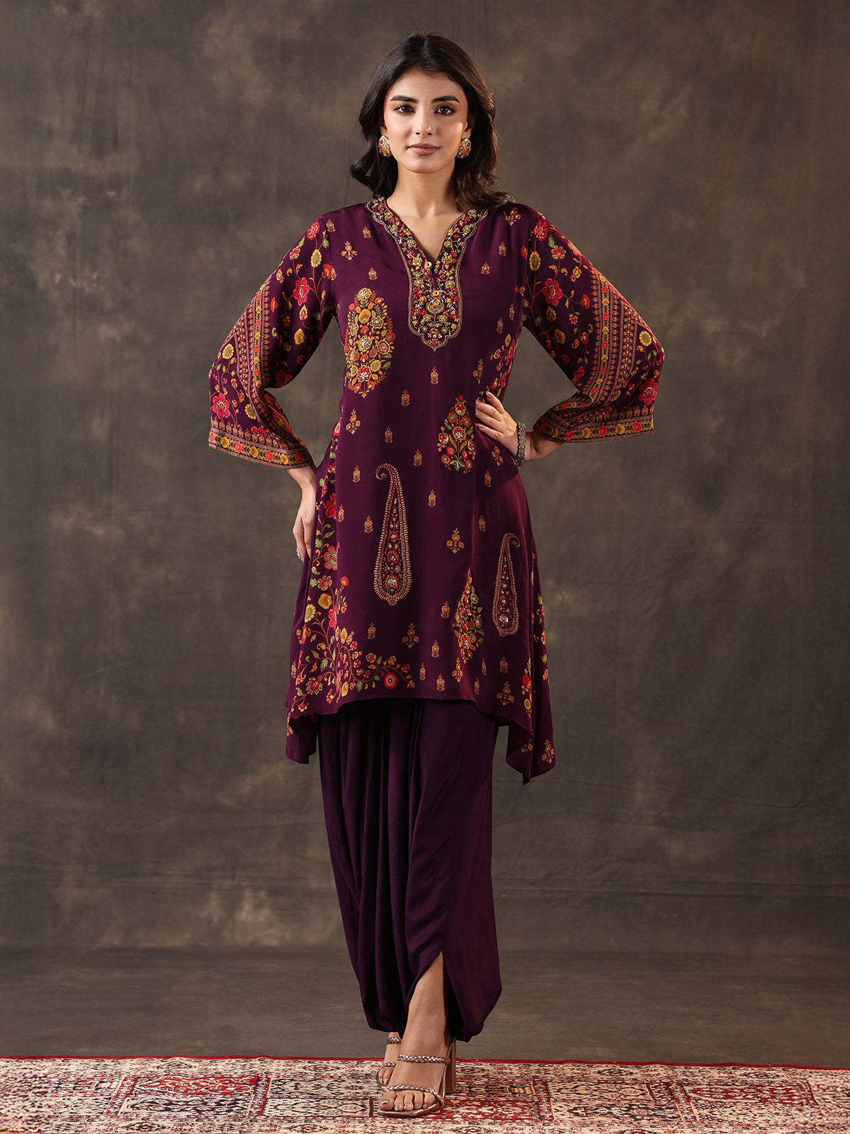 Purple crepe silk zardosi designer dhoti suit