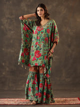 Pista green silk kaftan style designer sharara suit