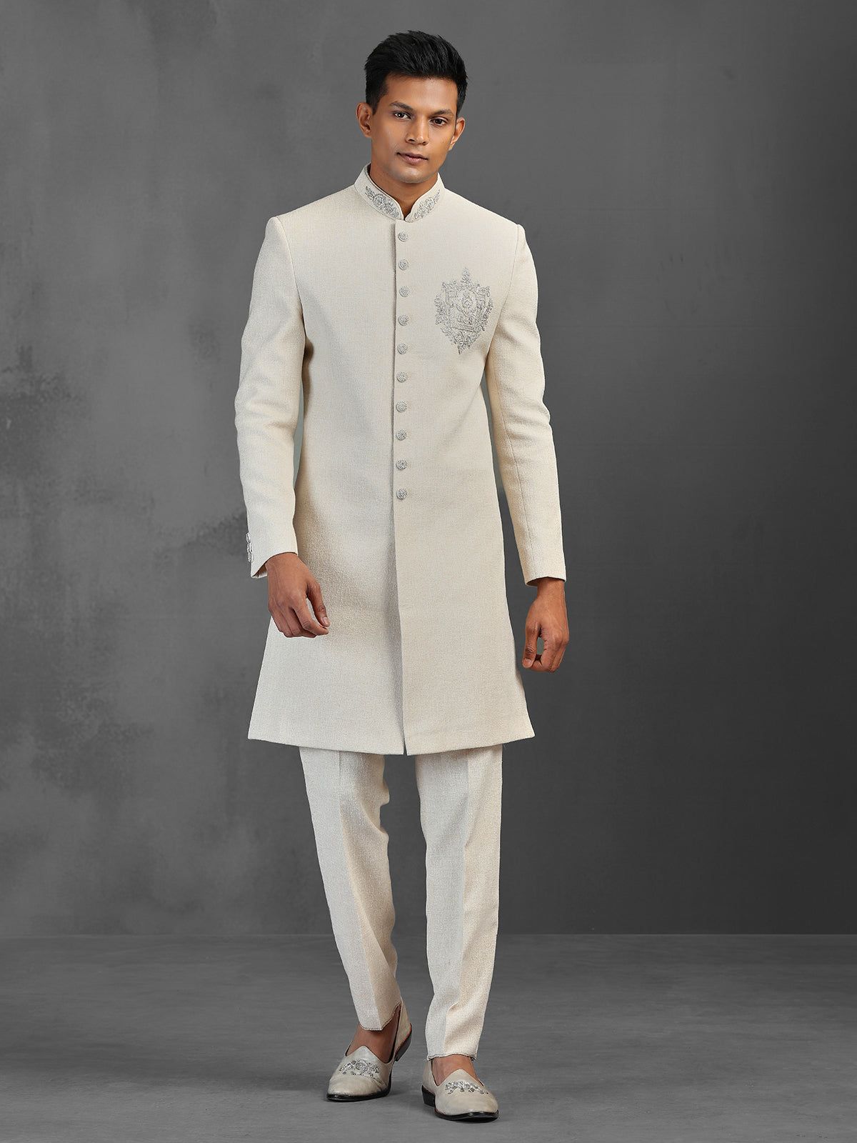 Off white textured silk indowestern suit for wedding