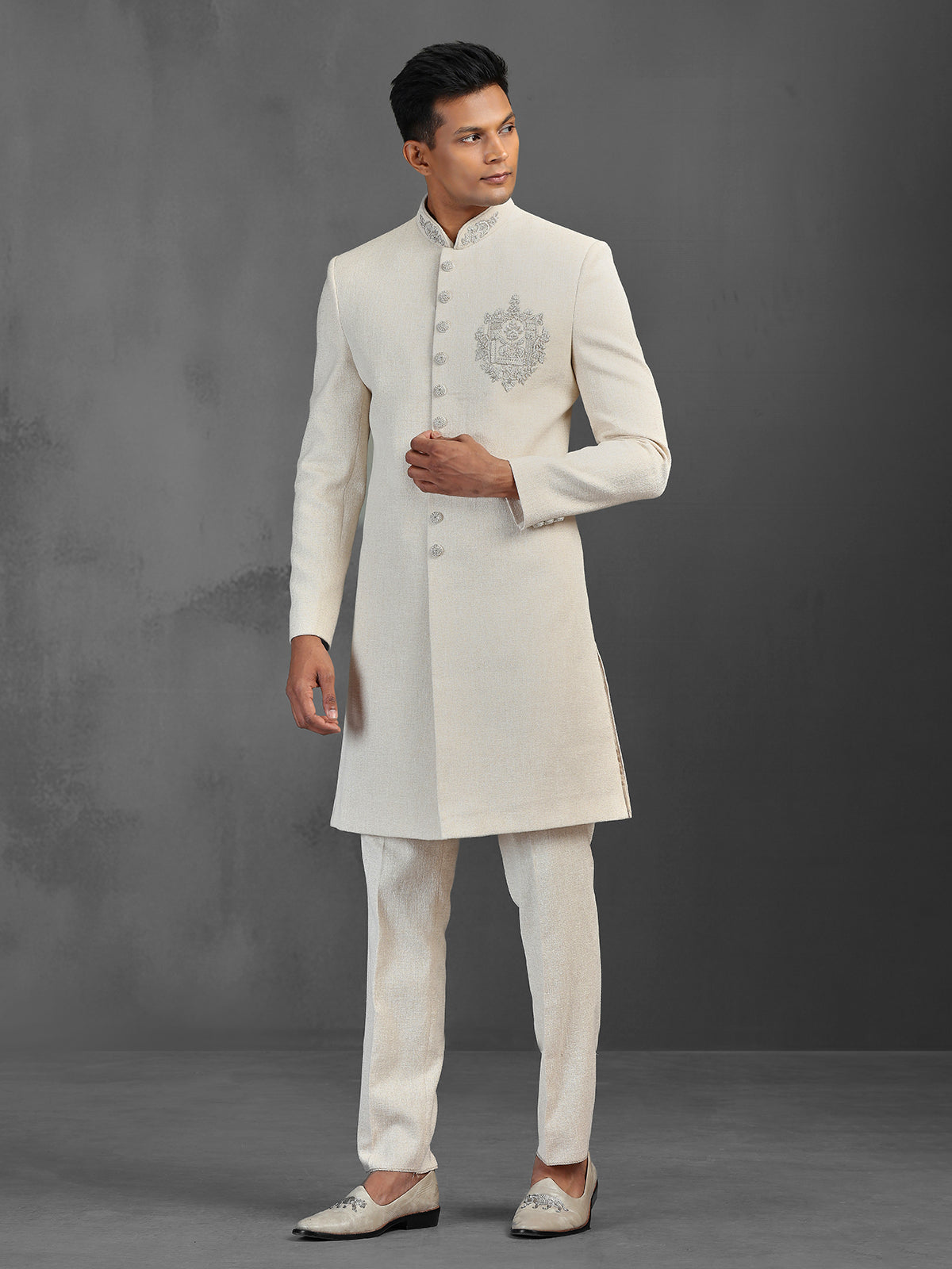 Off white textured silk indowestern suit for wedding