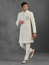 Off white textured silk indowestern suit for wedding