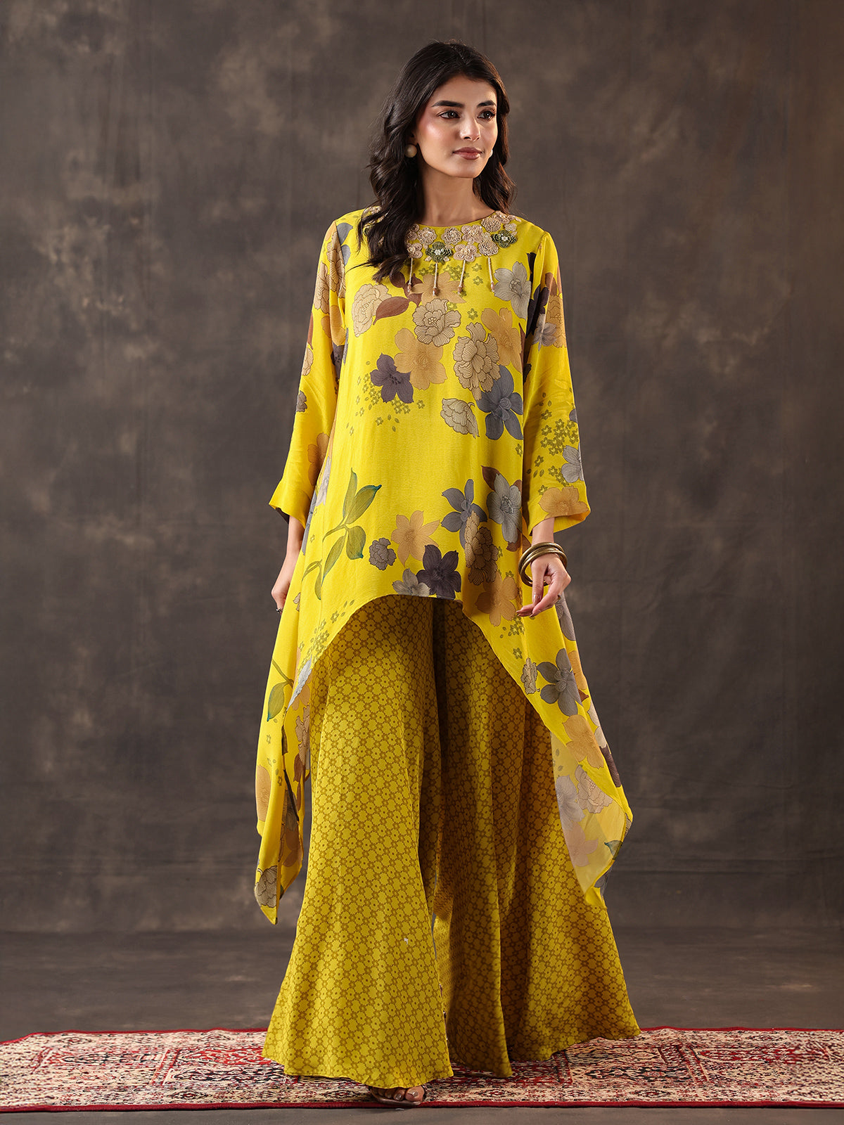 Yellow silk floral kaftan style palazzo suit
