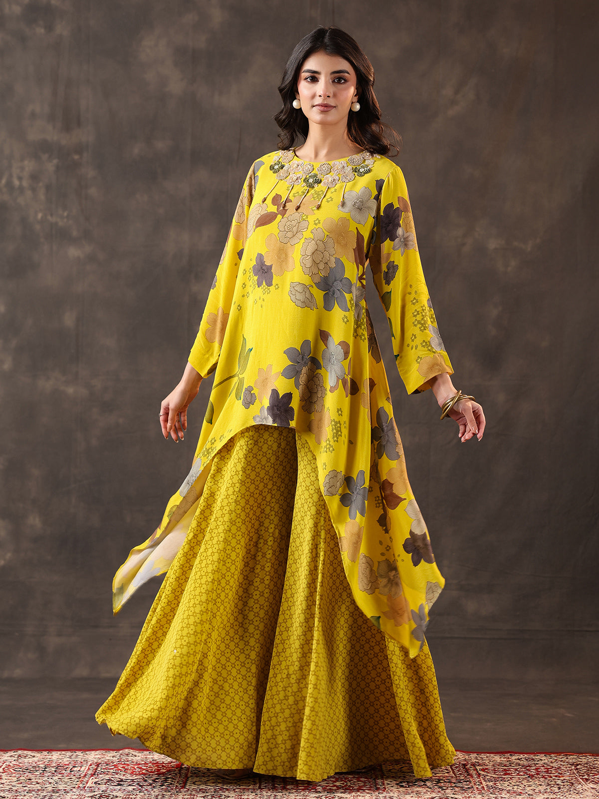Yellow silk floral kaftan style palazzo suit