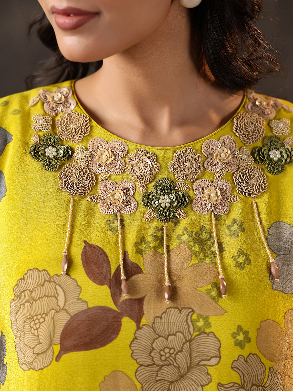 Yellow silk floral kaftan style palazzo suit
