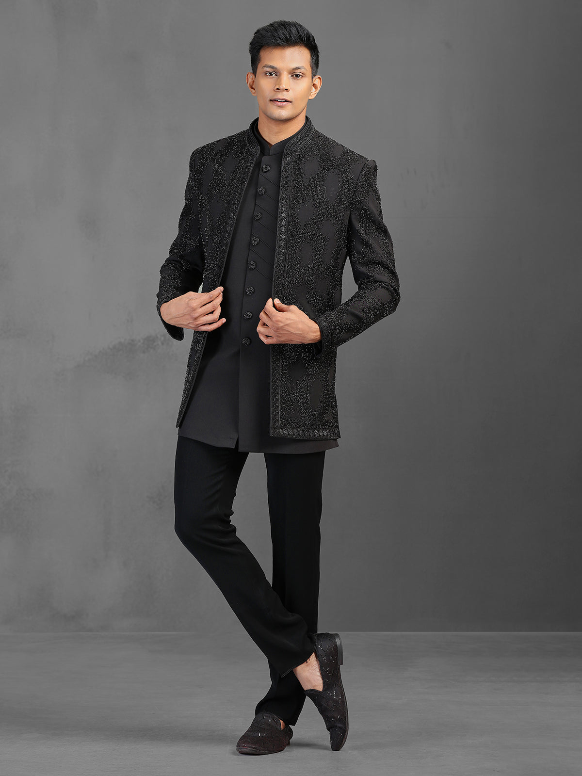 Black terry rayon indowestern suit with cutdana detailing