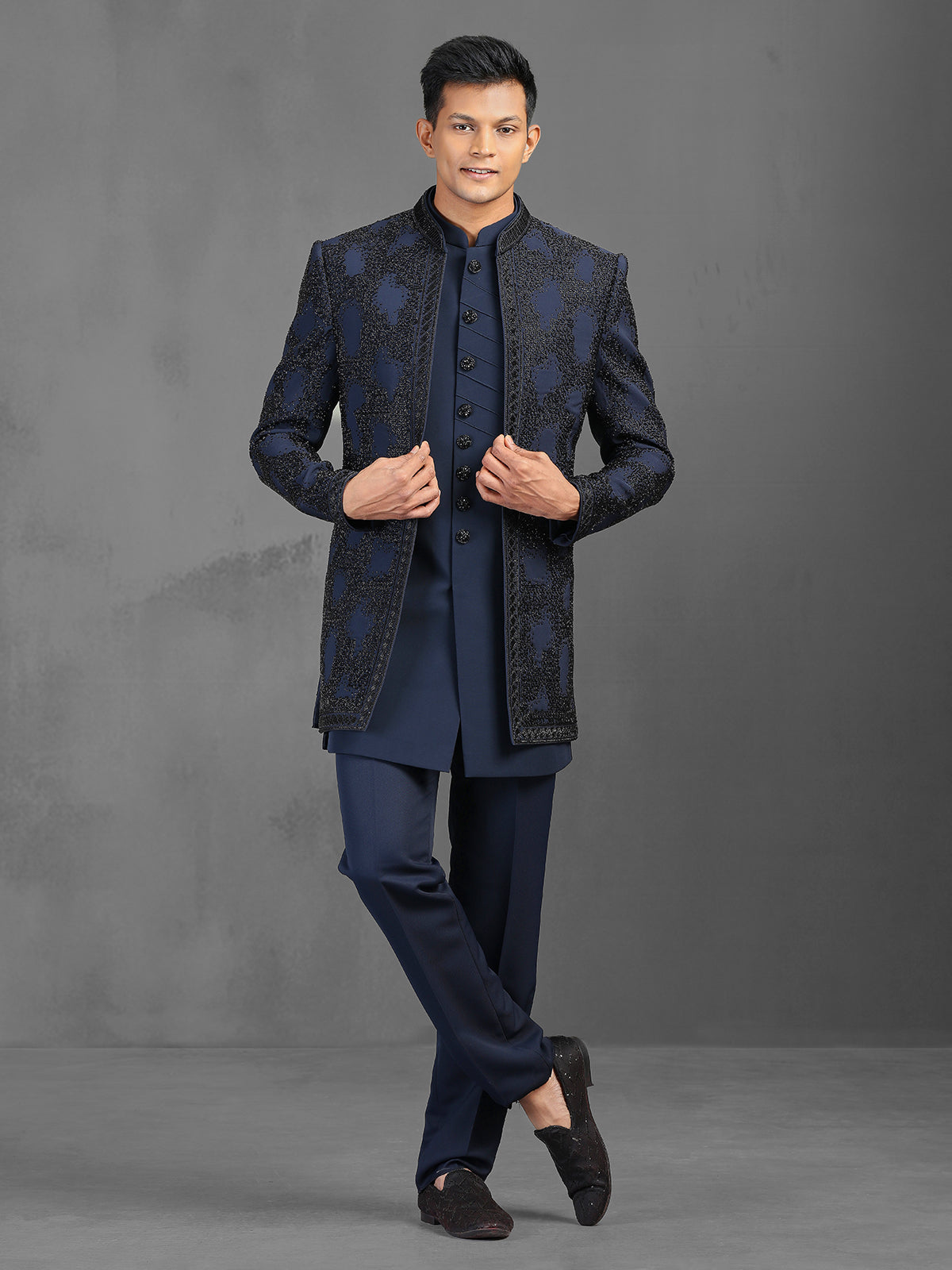 Navy cutdana worked indowestern suit in terry rayon
