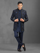 Navy cutdana worked indowestern suit in terry rayon