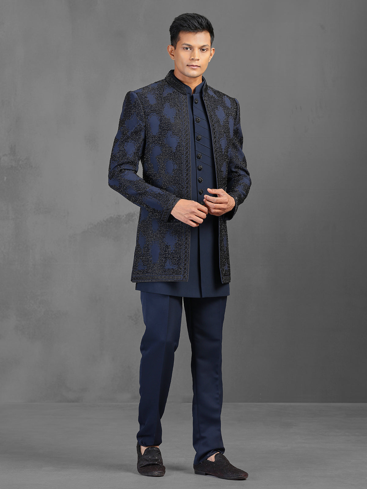 Navy cutdana worked indowestern suit in terry rayon