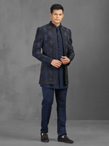 Navy cutdana worked indowestern suit in terry rayon