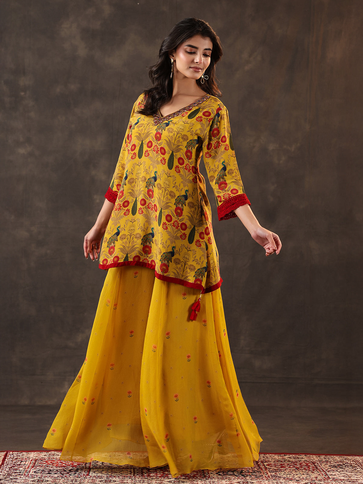 Yellow silk printed cutdana festive palazzo suit