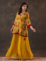 Yellow silk printed cutdana festive palazzo suit