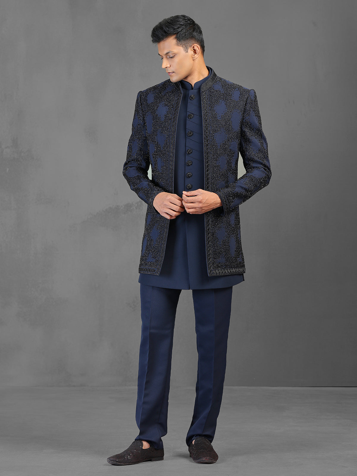 Navy cutdana worked indowestern suit in terry rayon