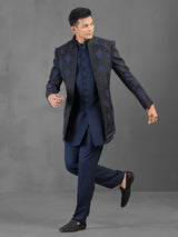 Navy cutdana worked indowestern suit in terry rayon