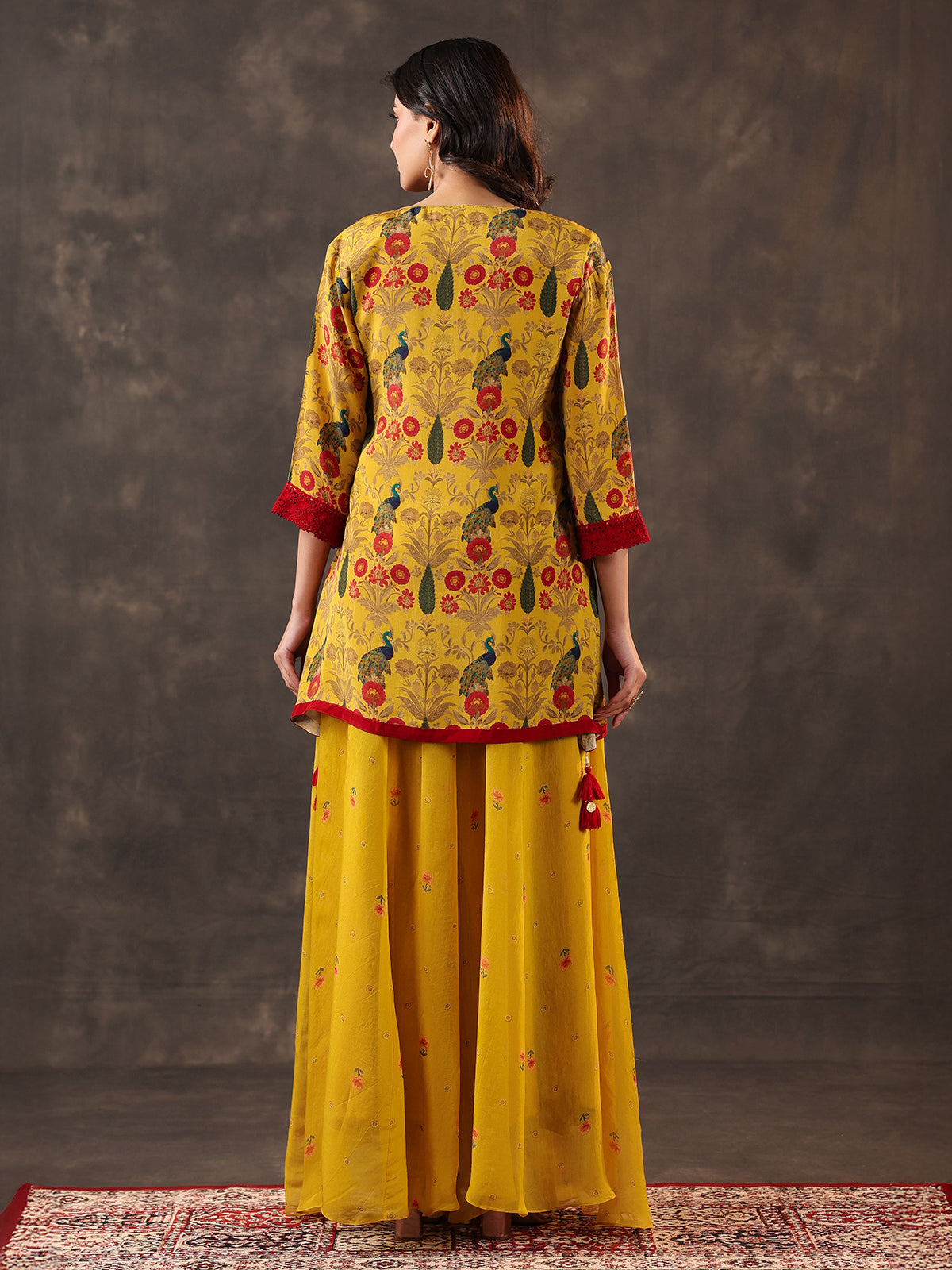 Yellow silk printed cutdana festive palazzo suit