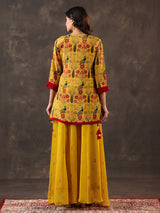 Yellow silk printed cutdana festive palazzo suit