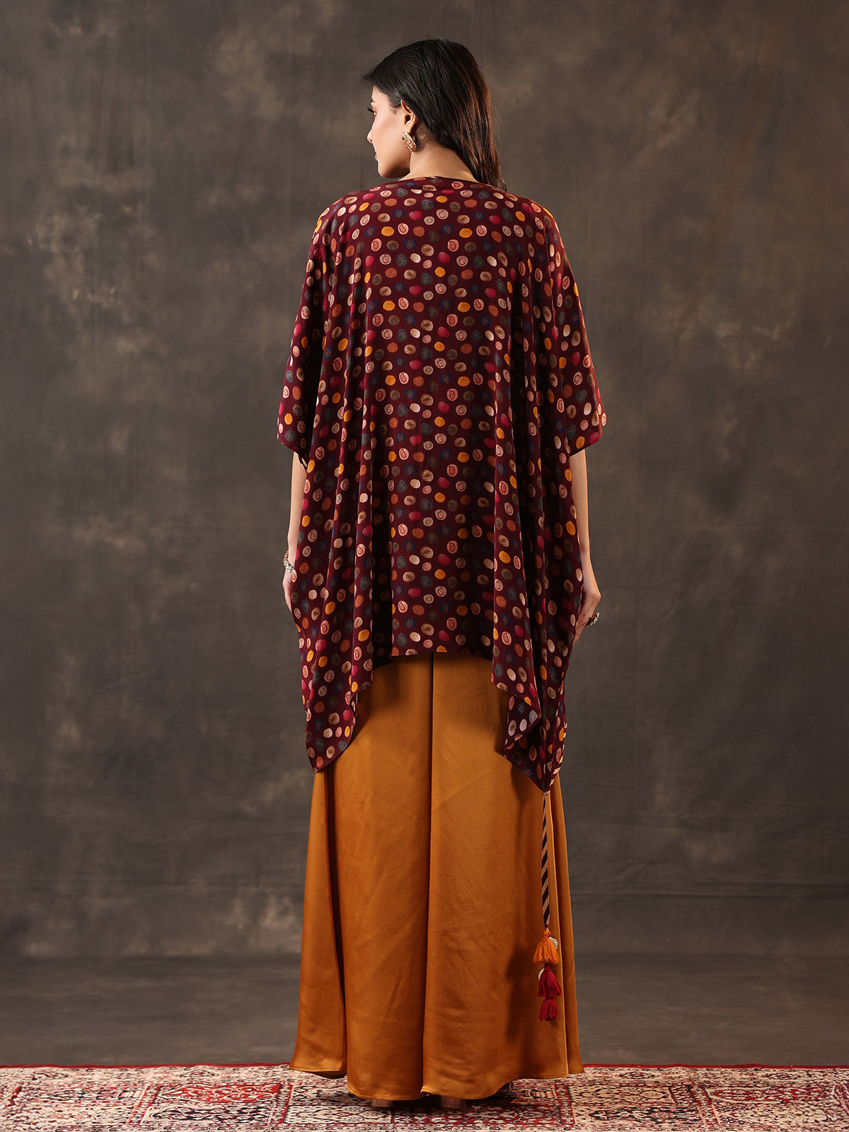 Wine yellow crepe silk jacket style palazzo suit