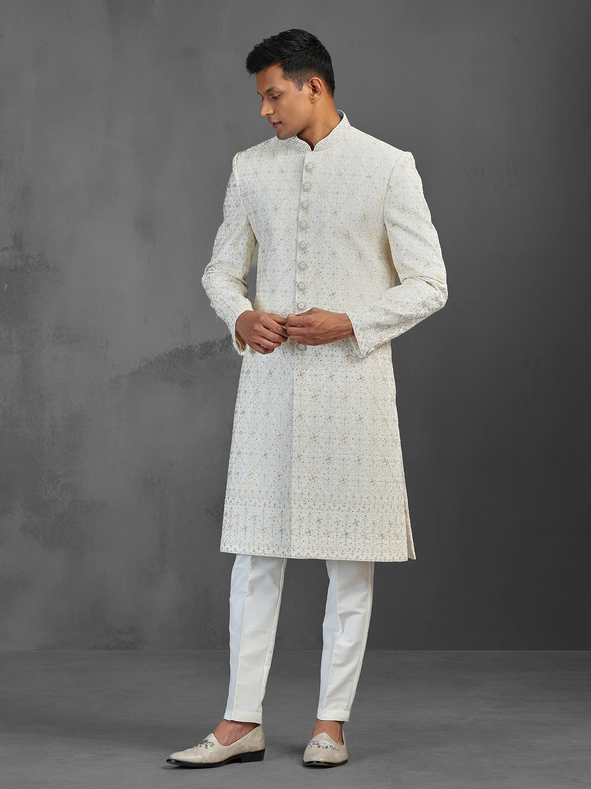Beige silk sherwani with thread work