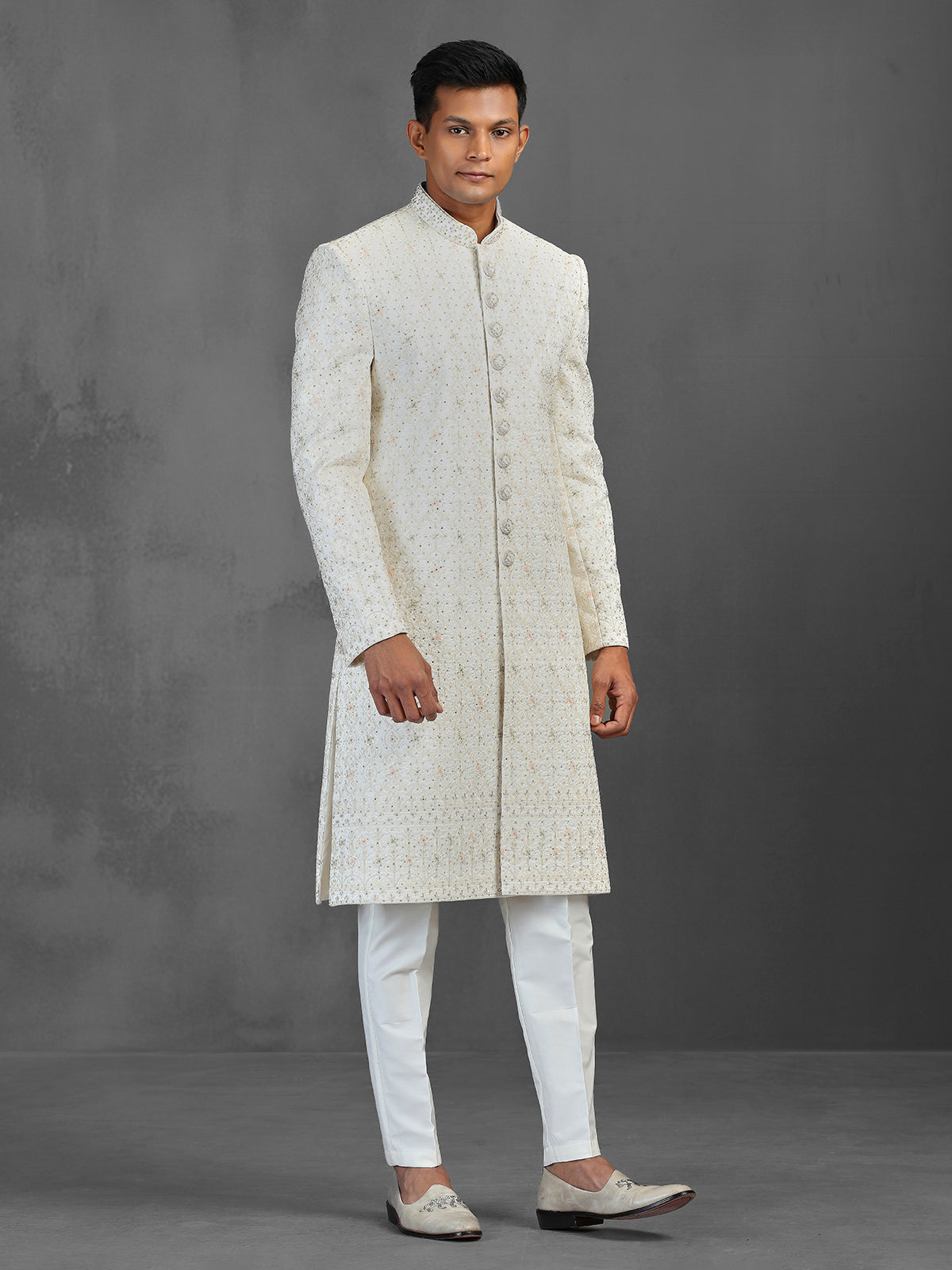 Beige silk sherwani with thread work