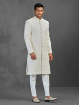 Beige silk sherwani with thread work