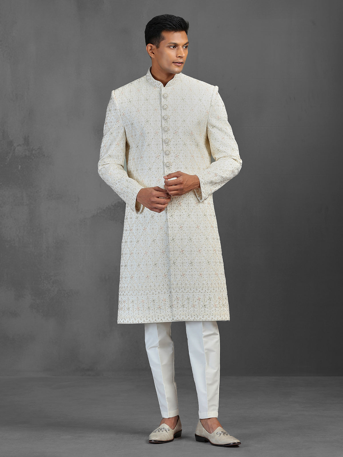 Beige silk sherwani with thread work