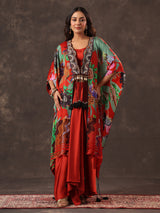 Red crepe silk kaftan style indo western suit