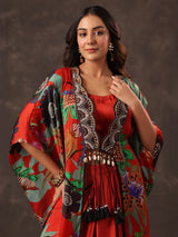 Red crepe silk kaftan style indo western suit