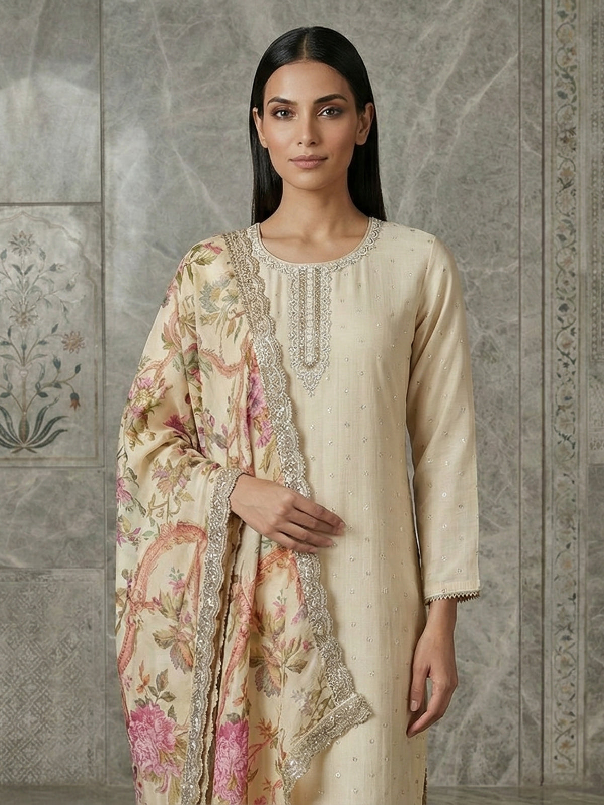 Cream silk straight cut salwar suit festive wear