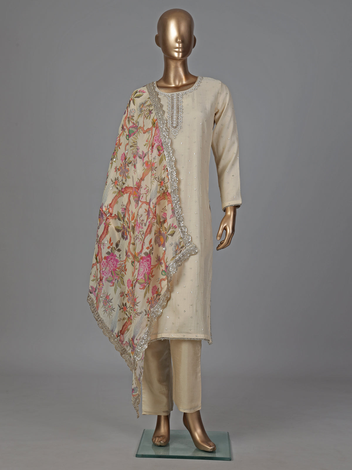 Cream silk straight cut salwar suit festive wear