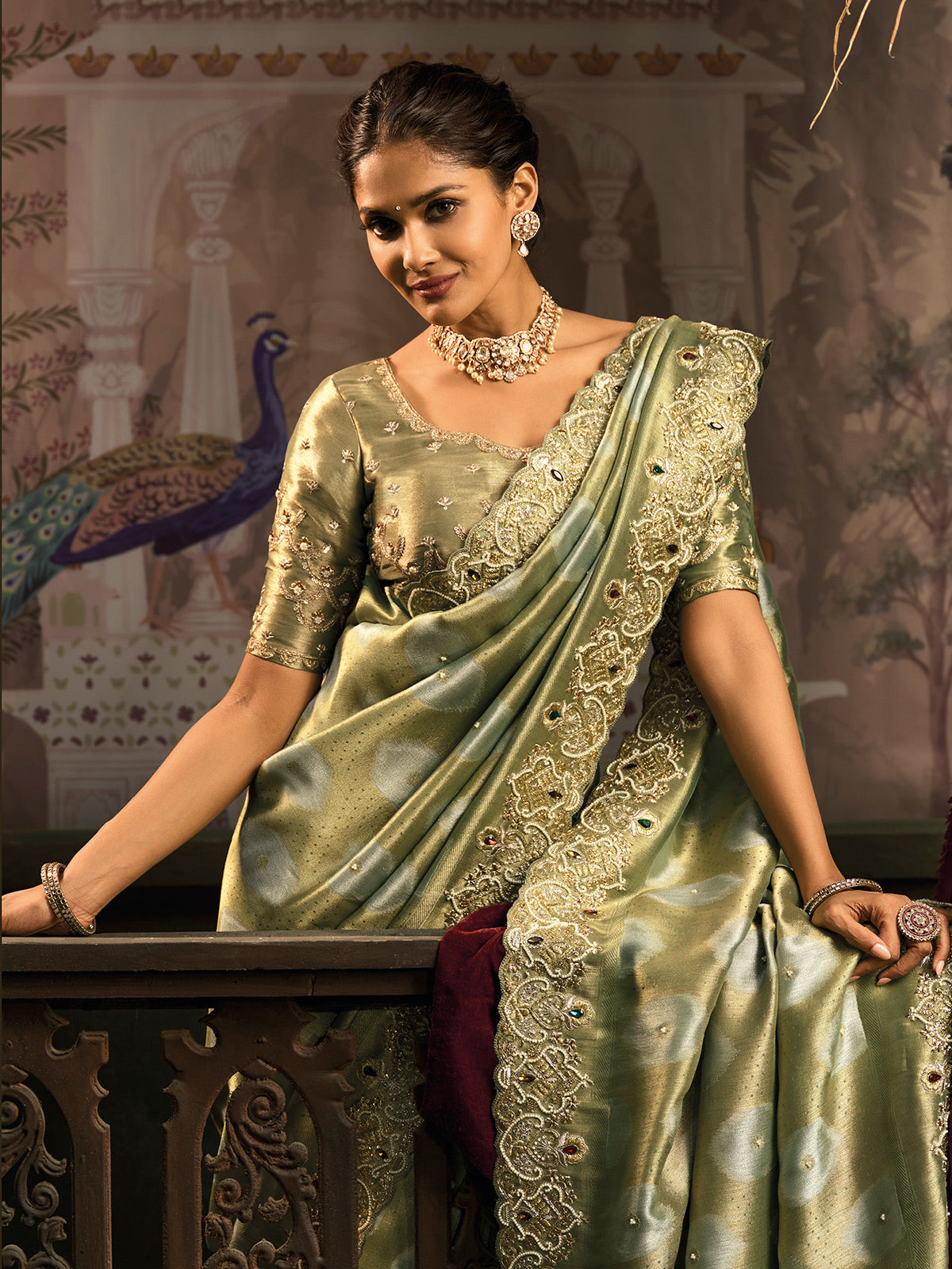 Olive ziraf silk embroidered festive wedding saree