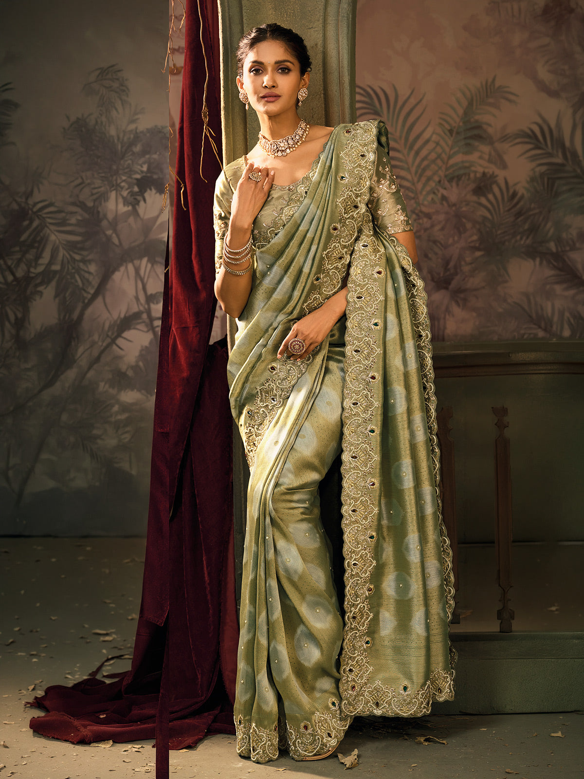 Olive ziraf silk embroidered festive wedding saree