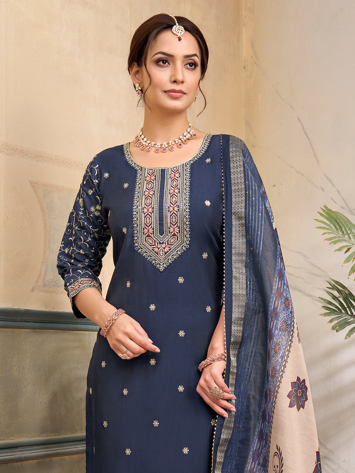 Stone blue silk yoke style embroidered festive salwar suit