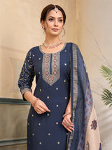 Stone blue silk yoke style embroidered festive salwar suit