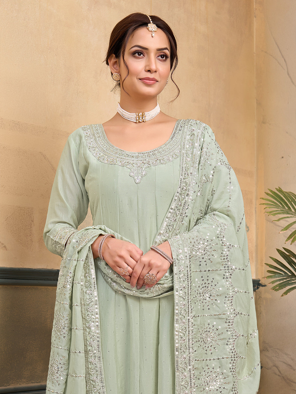 Mint green chiffon silk anarkali festive embroidered suit