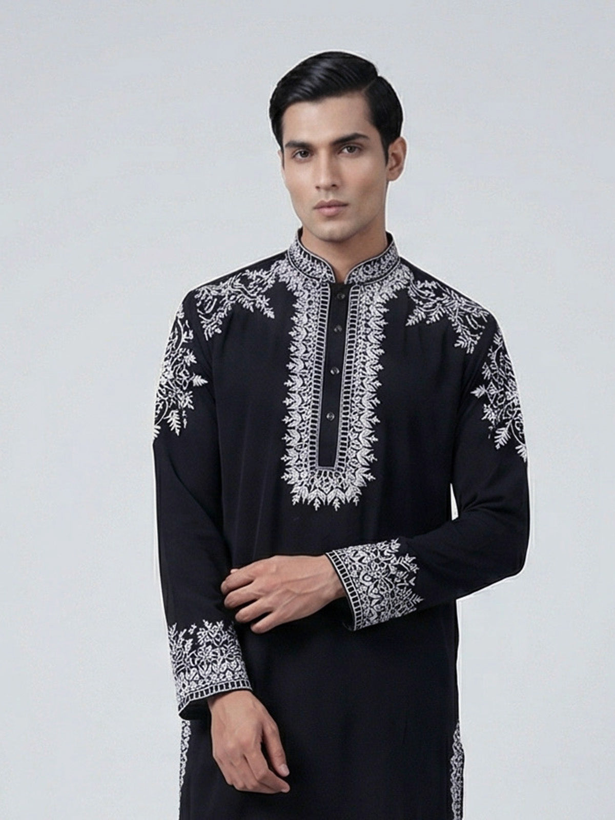 Black silk embroidered festive kurta suit