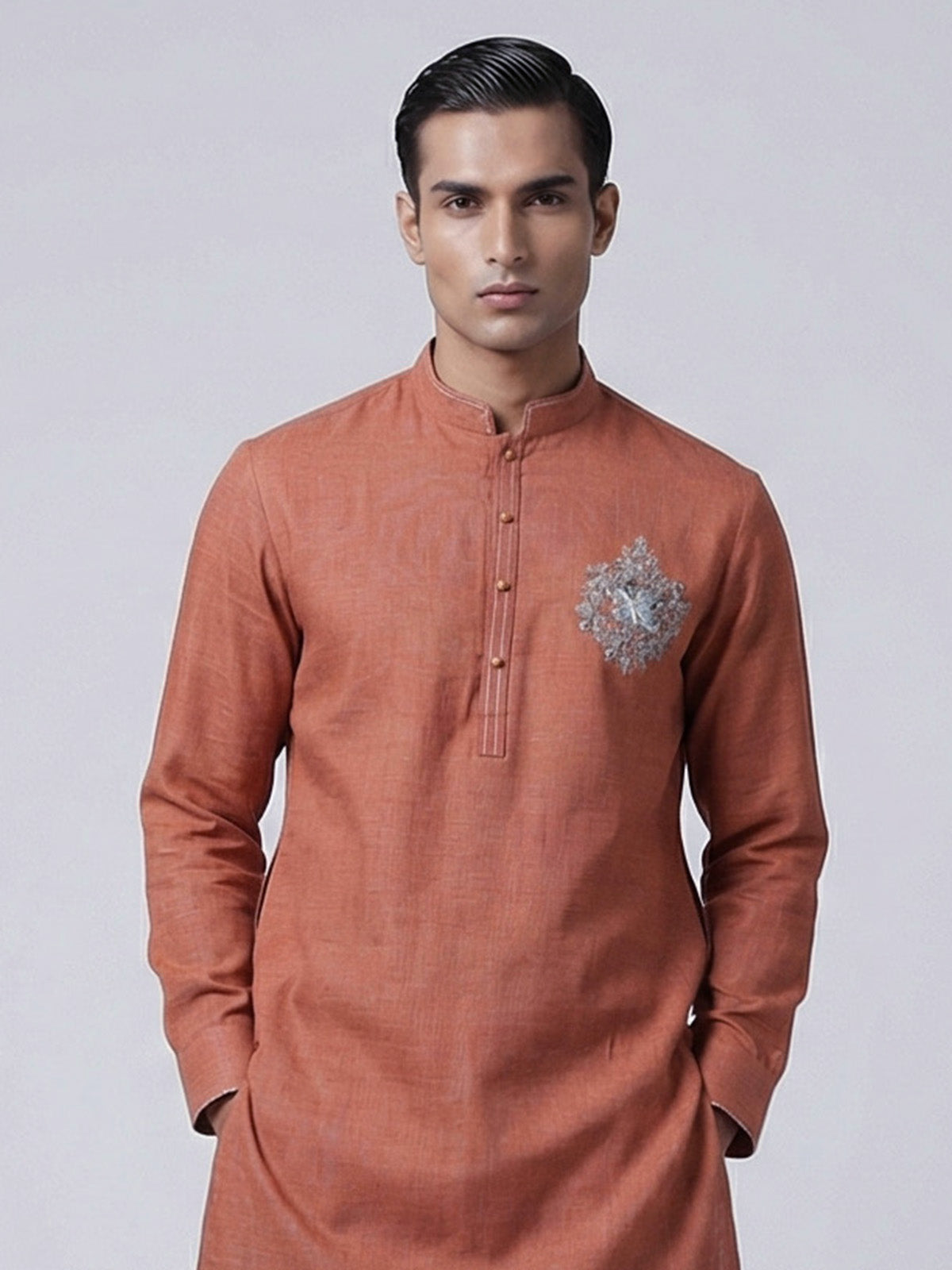 Dark peach linen kurta suit with brotch