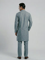 Teal green linen kurta suit with brotch