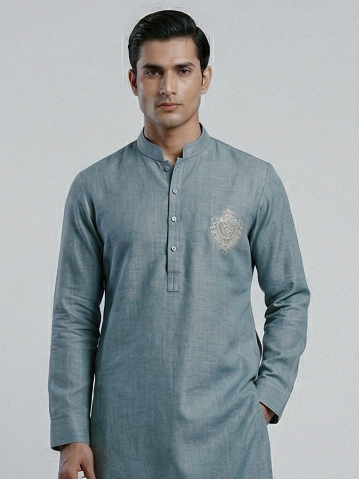Teal green linen kurta suit with brotch