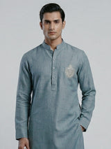 Teal green linen kurta suit with brotch