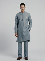 Teal green linen kurta suit with brotch