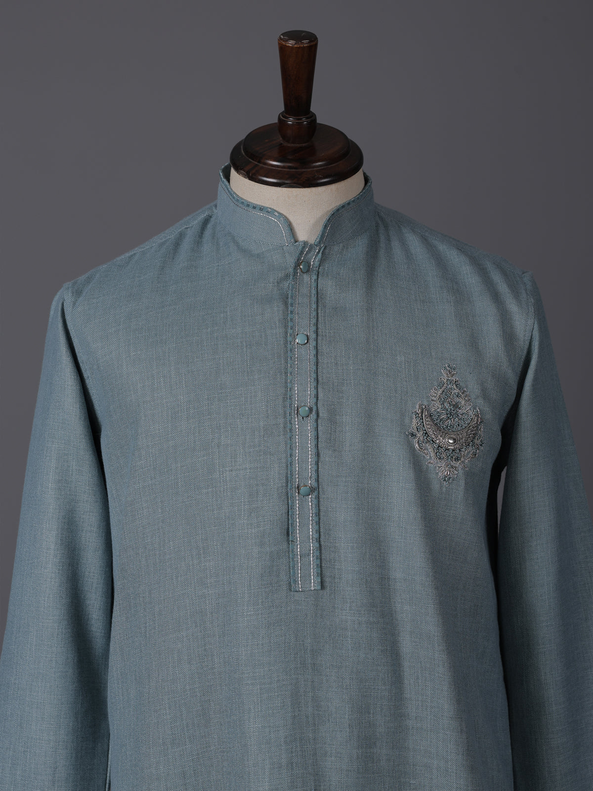 Teal green linen kurta suit with brotch