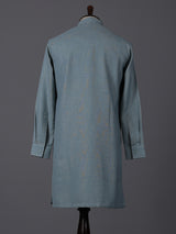 Teal green linen kurta suit with brotch