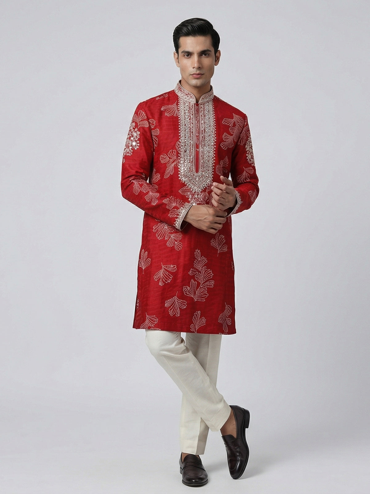 Red silk printed aabla work festive kurta suit