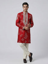 Red silk printed aabla work festive kurta suit