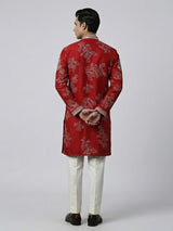 Red silk printed aabla work festive kurta suit