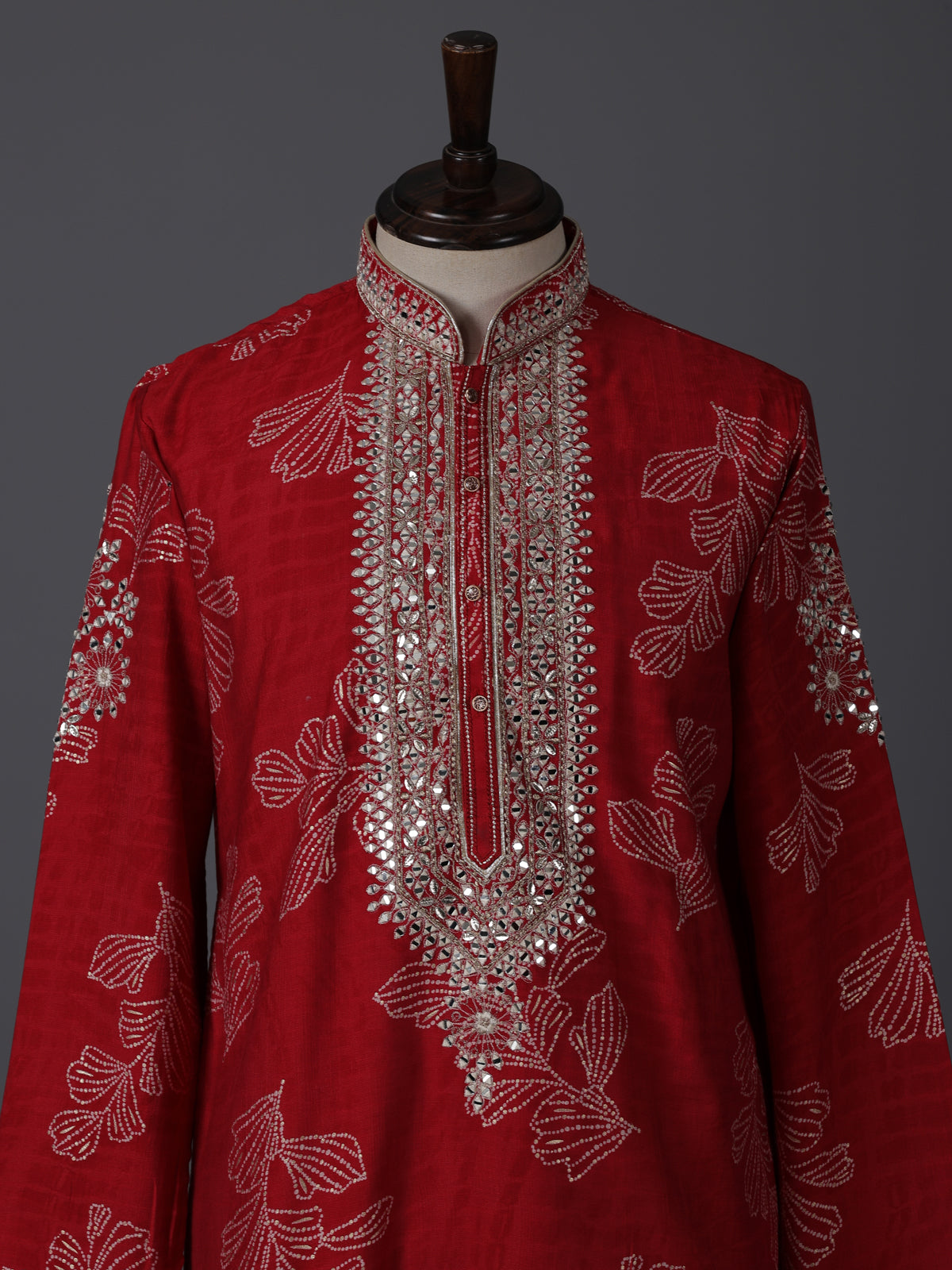 Red silk printed aabla work festive kurta suit