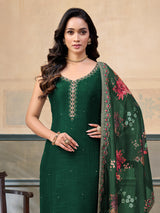 Dark green silk sleeveless embellished festive salwar suit