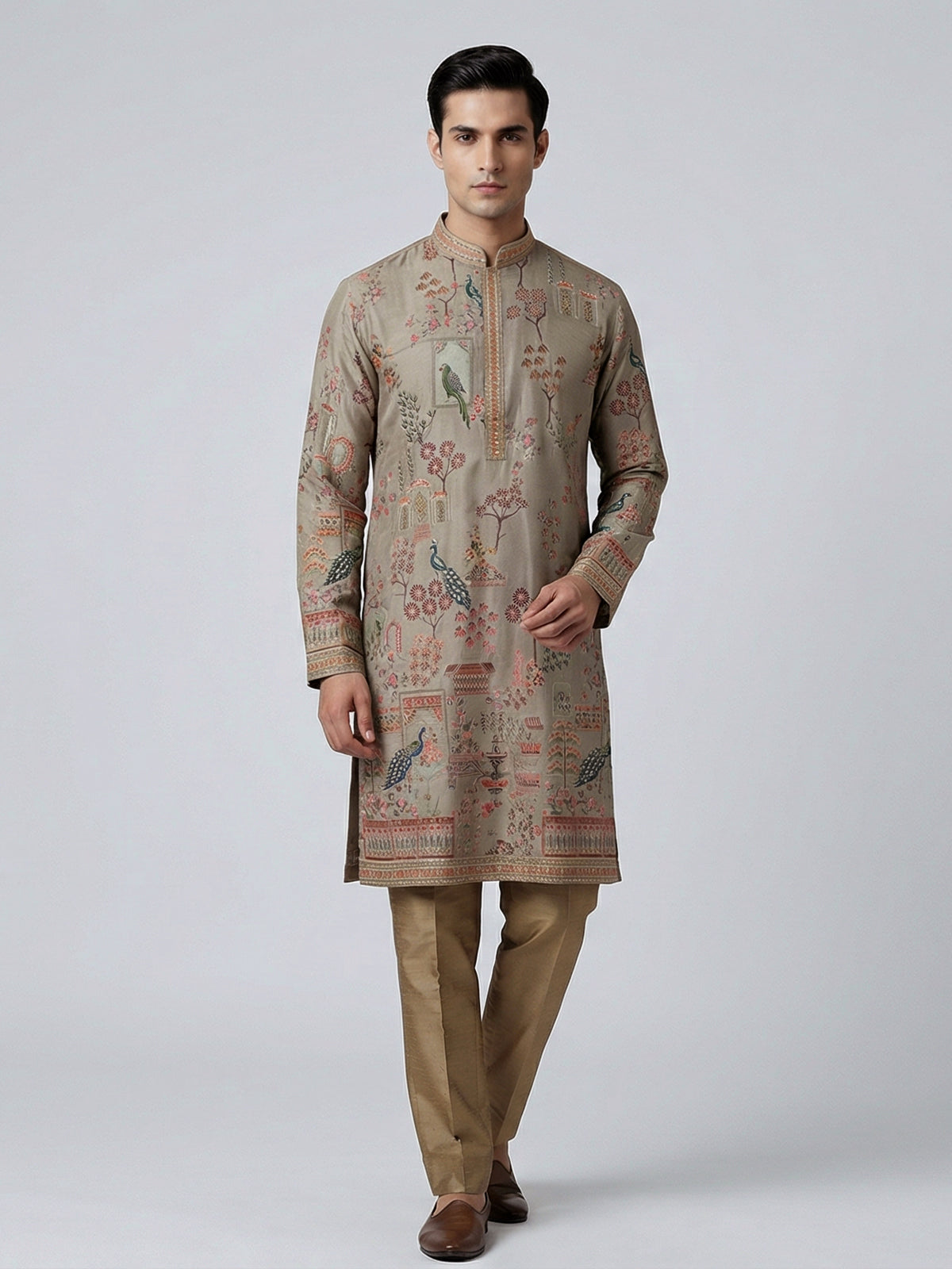 Olive silk printed thread work festive kurta suit